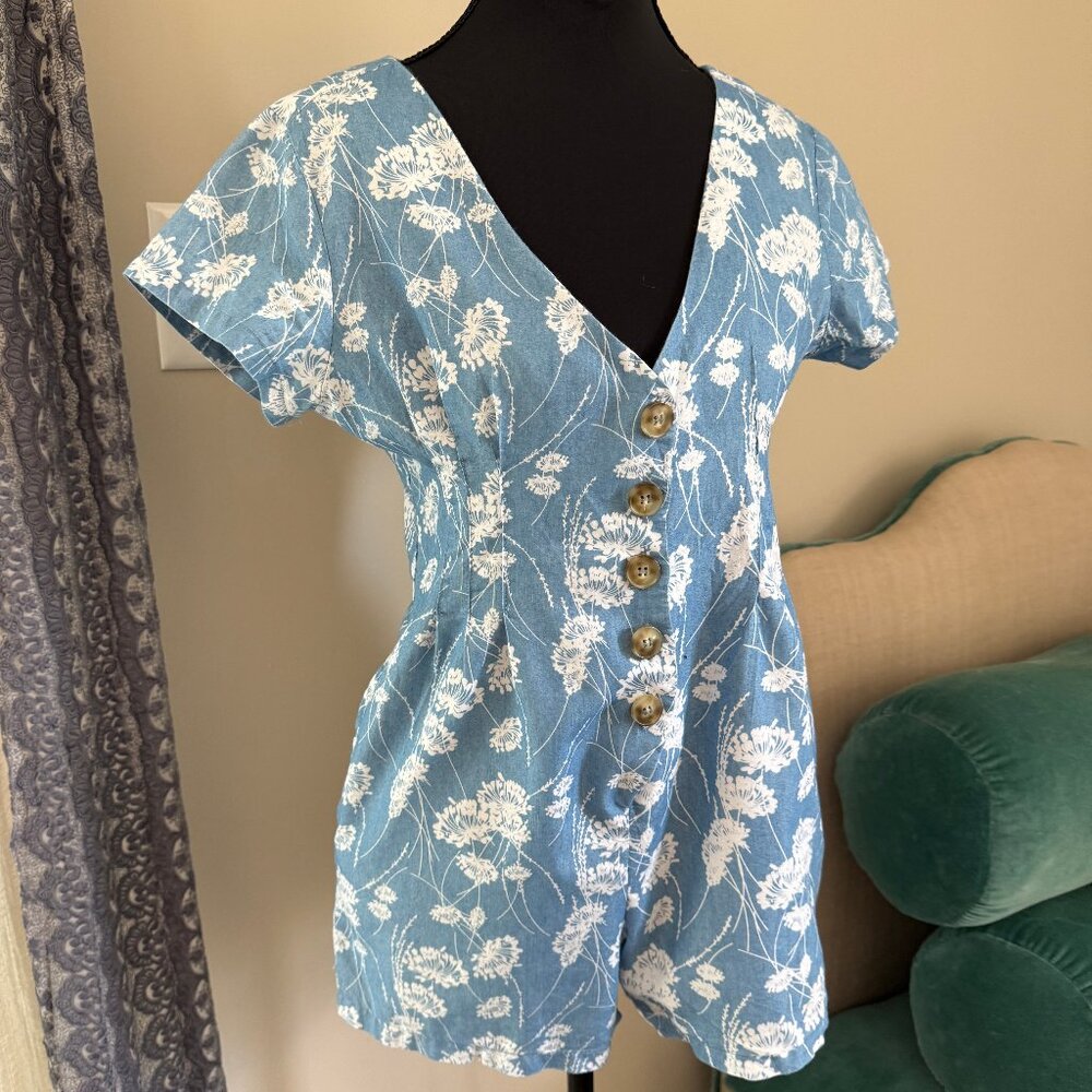 Chambray Denim White Sun Print Design Valya Short Sleeve Romper Size Xs